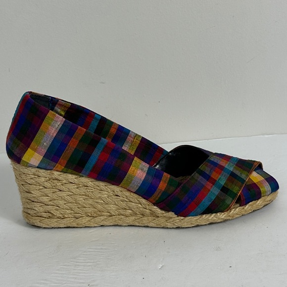 Ralph Lauren Espadrille Wedge Silk Shantung Plaid Peep Toe Sandals Womens Size 9 - Picture 3 of 12